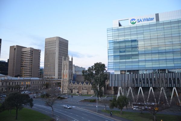 The SA Water office building. Nine stories of glass panels with a large SA Water sign on the top. Several other tall buildings around Victoria Square sit to the left, with the green parks of Victoria Square in the foreground.